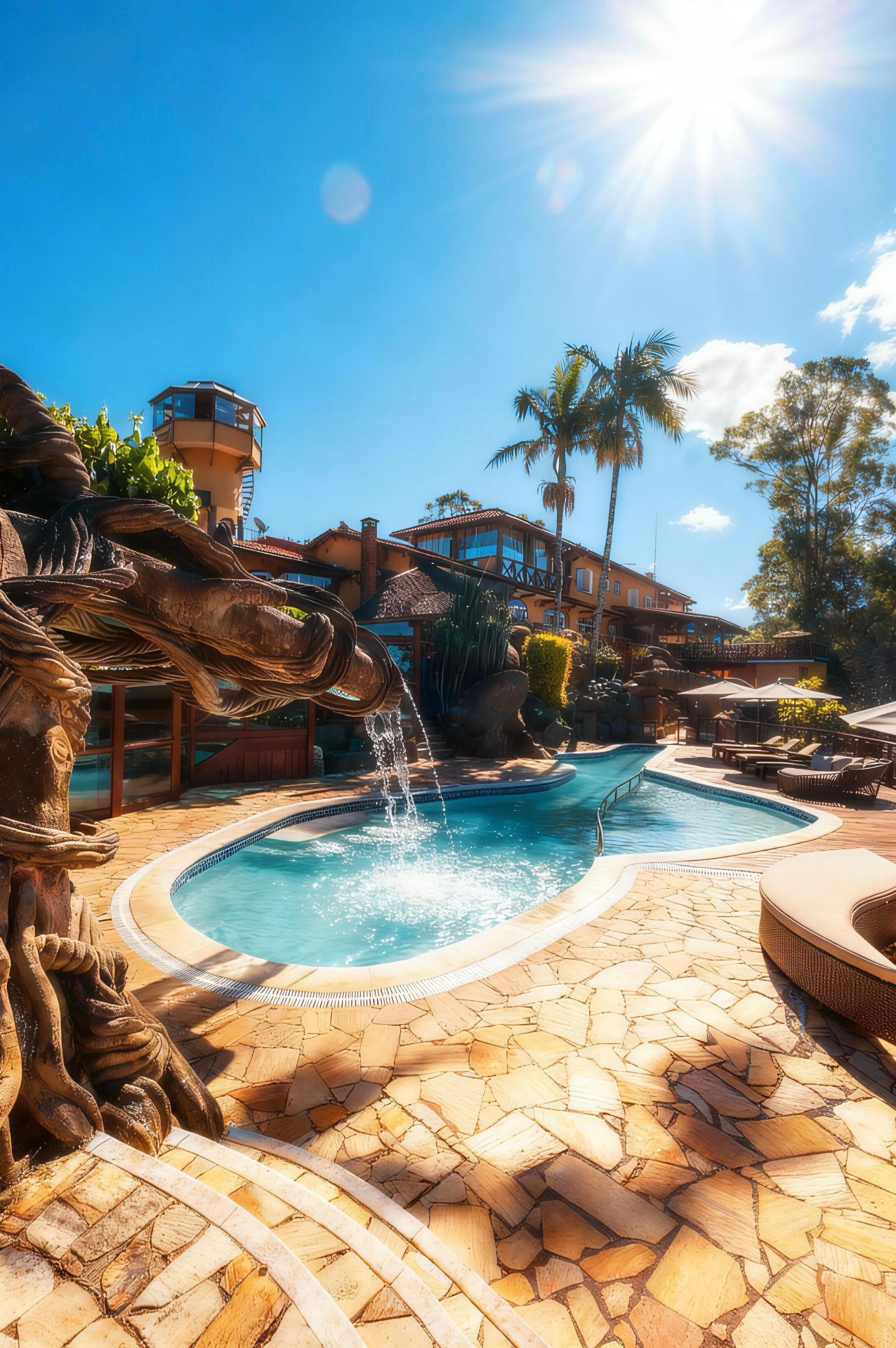 Piscina com fonte esculpida em pedra